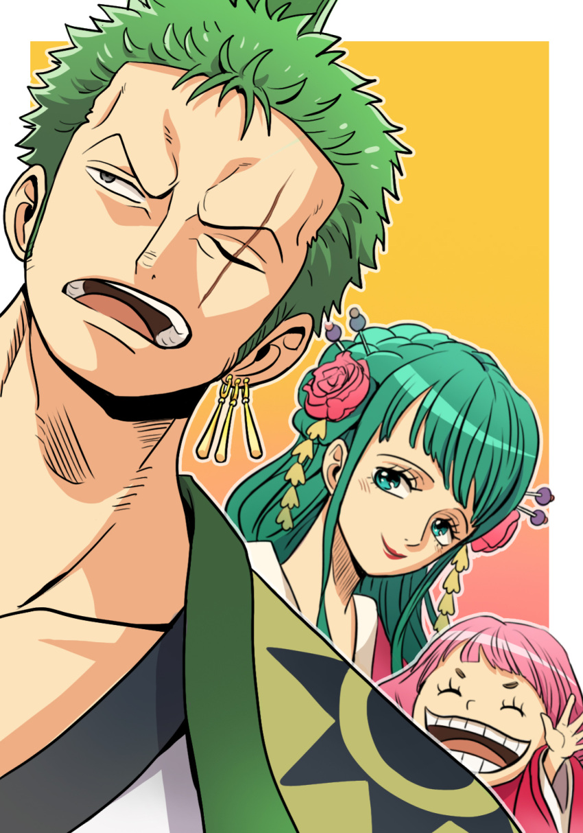 1boy, 2girls, alternate_hairstyle, black_eyes, flower, green_eyes, green_hair, hair_flower