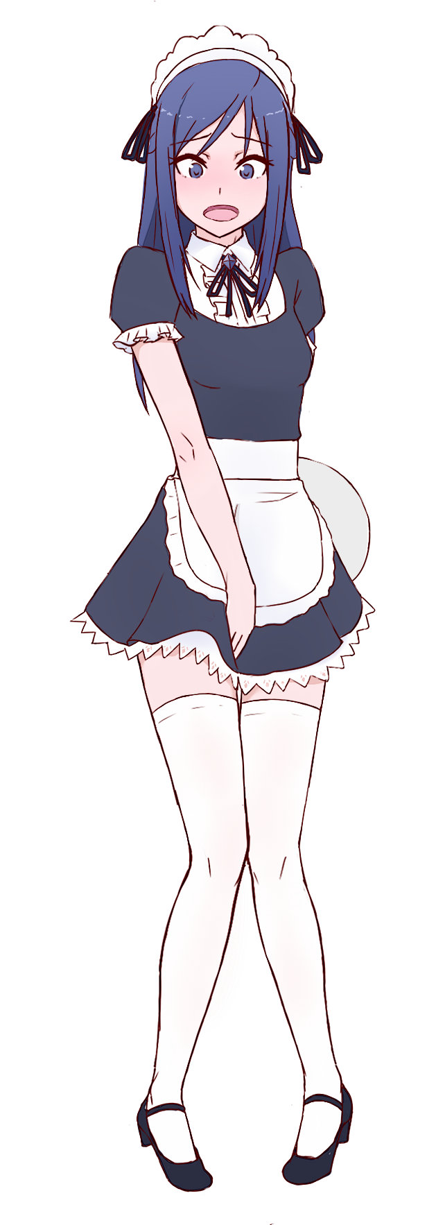 1girl, alternate_costume, apron, arm_behind_back, arm_support, bangs, bike_shorts, black_footwear