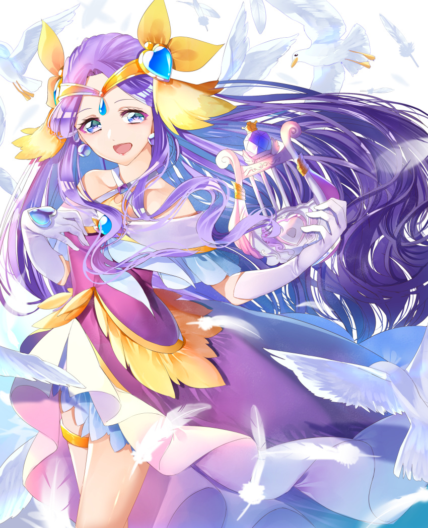 1girl, :d, absurdres, bird, blue_eyes, circlet, collarbone, criss-cross_halter