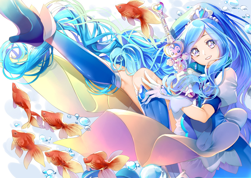 1girl, absurdres, bangs, blue_eyes, blue_footwear, blue_hair, blue_skirt, boots, cure_fontaine, fish, floating_hair, goldfish, grin, hair_ornament, healin'_good_precure, heart, heart_hair_ornament, high_heel_boots, high_heels, high_ponytail, highres, knee_boots, long_hair, looking_at_viewer, medium_skirt, pegitan_(precure), precure, sawaizumi_chiyu, shirt, short_sleeves, skirt, smile, solo, swept_bangs, very_long_hair, white_shirt, yuutarou_(fukiiincho)