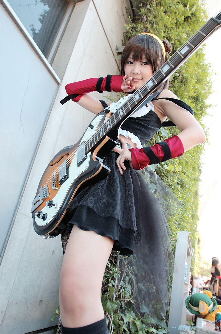 belt, cosplay, elbow_gloves, fishnet_stockings, guitar, hairband, hiromichi, one_kneehigh