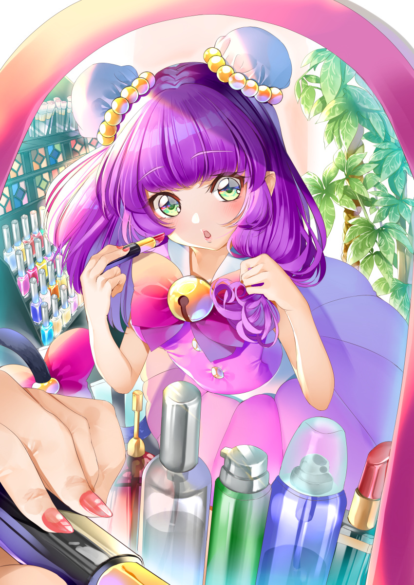 1girl, absurdres, bangs, bell, blunt_bangs, blush, bow, bowtie, bun_cover, cat_tail, double_bun, eyebrows_visible_through_hair, green_eyes, highres, holding, holding_stick, leaning_forward, long_hair, mao_(precure), medium_skirt, nail_polish, open_mouth, pink_shirt, pink_skirt, pleated_skirt, precure, purple_hair, red_bow, red_nails, red_neckwear, shiny, shiny_hair, shirt, skirt, skirt_set, sleeveless, sleeveless_shirt, solo, standing, star_twinkle_precure, stick, tail, tail_bow, yuutarou_(fukiiincho)