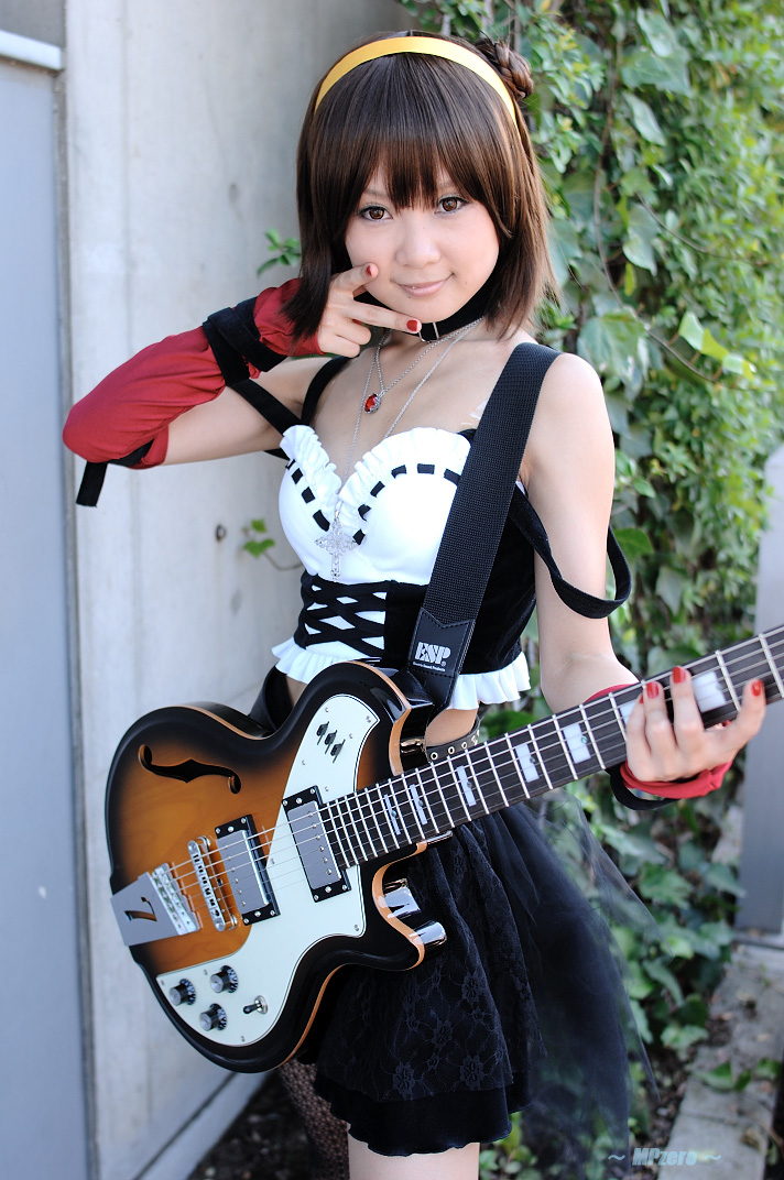 belt, cosplay, elbow_gloves, fishnet_stockings, guitar, hairband, hiromichi, one_kneehigh