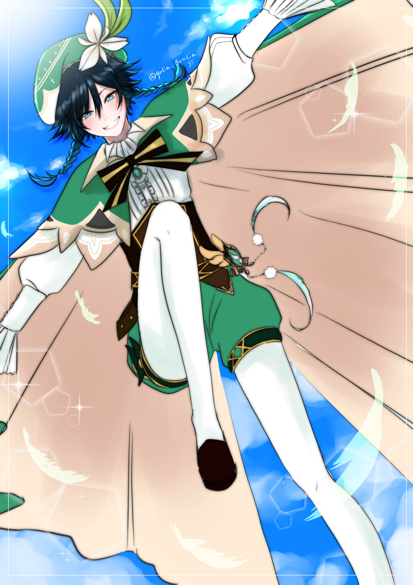 1boy, absurdres, black_hair, blue_eyes, blue_hair, braid, cape, cape_billowing