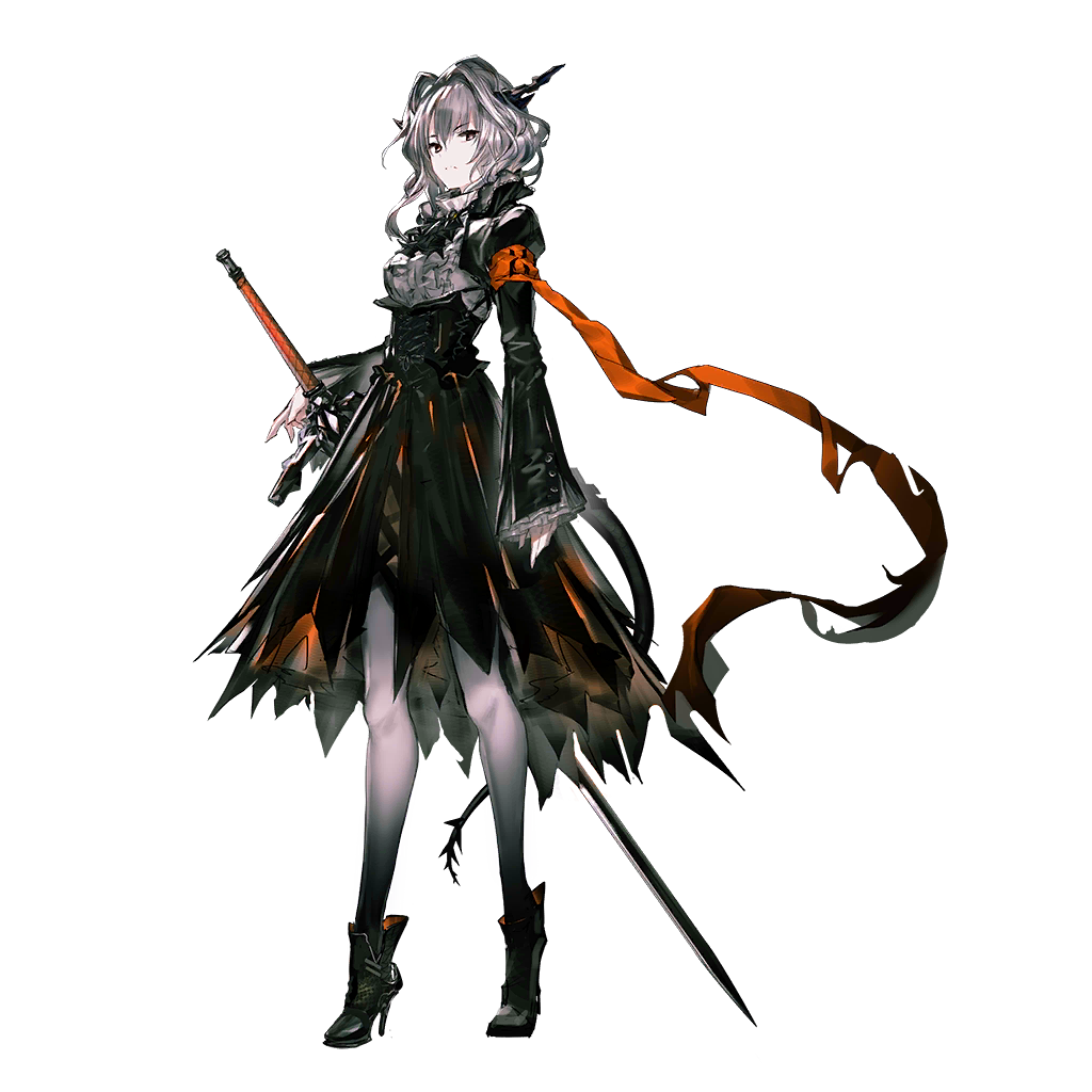 1girl, arknights, armband, artist_request, black_eyes, black_footwear, black_skirt, boots, dragon_horns, full_body, gradient, gradient_skin, high_heel_boots, high_heels, holding, holding_sword, holding_weapon, horns, long_sleeves, looking_at_viewer, medium_hair, official_art, rapier, reunion_logo_(arknights), shirt, shrug_(clothing), silver_hair, skirt, solo, sword, tail, talulah_(arknights), transparent_background, underbust, weapon, white_shirt