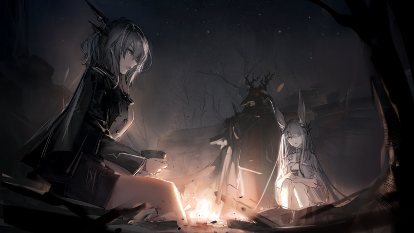1boy, 2girls, animal_ears, arknights, bare_tree, black_jacket, bowl, campfire