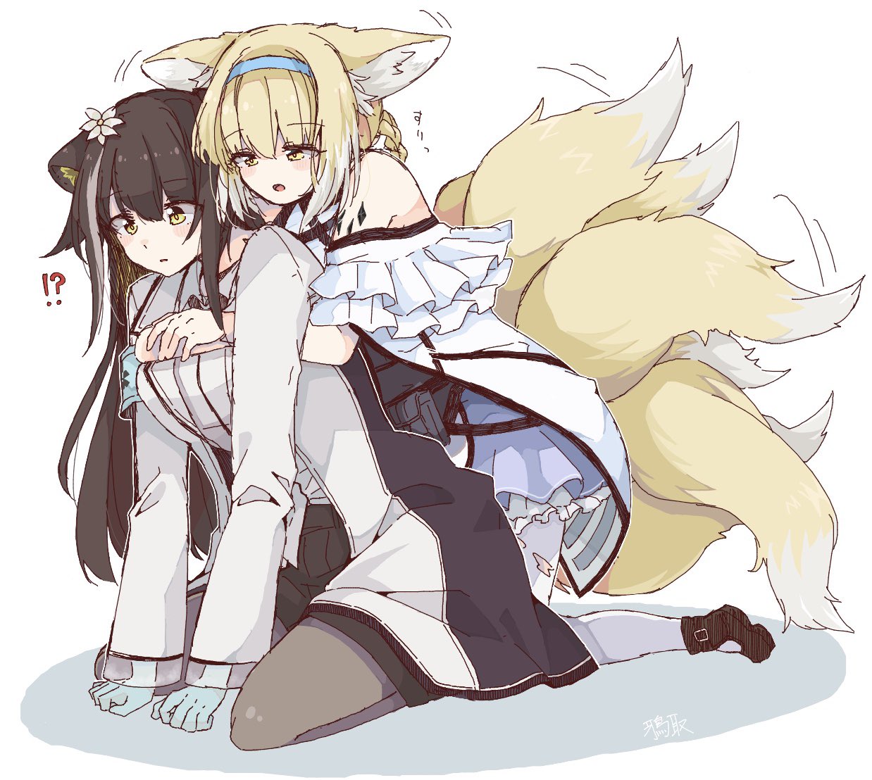 !?, 2girls, animal_ear_fluff, animal_ears, arknights, armband, black_footwear, black_legwear, blonde_hair, blue_gloves, blue_headband, blush, braid, braided_ponytail, brown_hair, cat_ears, coat, eyebrows_visible_through_hair, flower, folinic_(arknights), fox_ears, fox_tail, frills, gloves, hair_flower, hair_ornament, headband, hug, hug_from_behind, implied_futanari, karasuto, kitsune, kneeling, kyuubi, motion_lines, multicolored_hair, multiple_girls, multiple_tails, open_mouth, oripathy_lesion_(arknights), pantyhose, radiation_symbol, see-through, shoes, sketch, streaked_hair, suzuran_(arknights), symbol_commentary, tail, tail_wagging, torn_clothes, torn_legwear, white_coat, white_legwear, yellow_eyes
