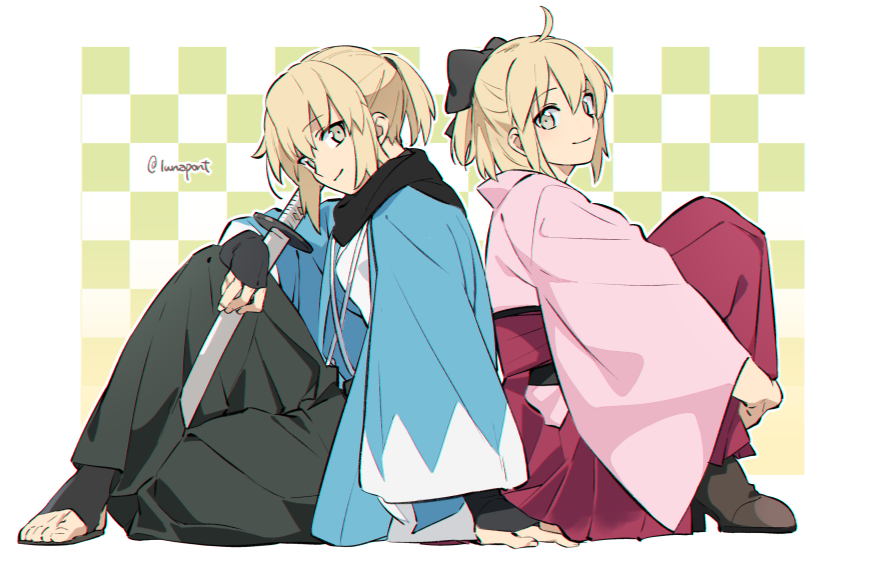 1girl, ahoge, bridal_gauntlets, checkered, checkered_background, dual_persona, fate/grand_order, fate_(series)