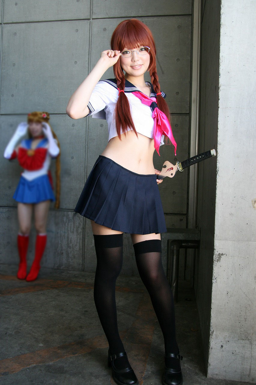 arisugawa_shii, cosplay, glasses, midriff, namada, photo, sailor_uniform, school_uniform