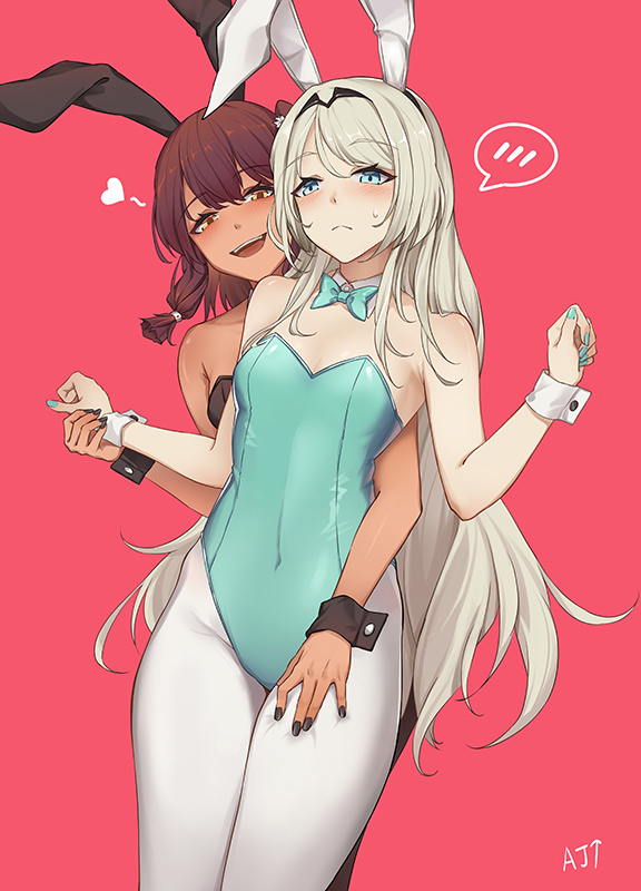2girls, an-94_(girls_frontline), animal_ears, aqua_eyes, aqua_leotard, aqua_nails, ark_john_up, artist_name