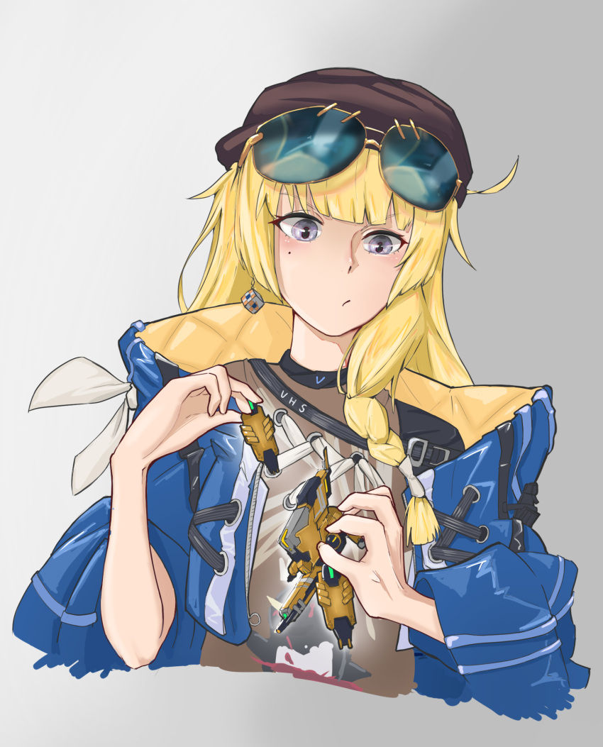 1girl, beret, blonde_hair, blue_jacket, braid, closed_mouth, earrings, eyebrows_visible_through_hair