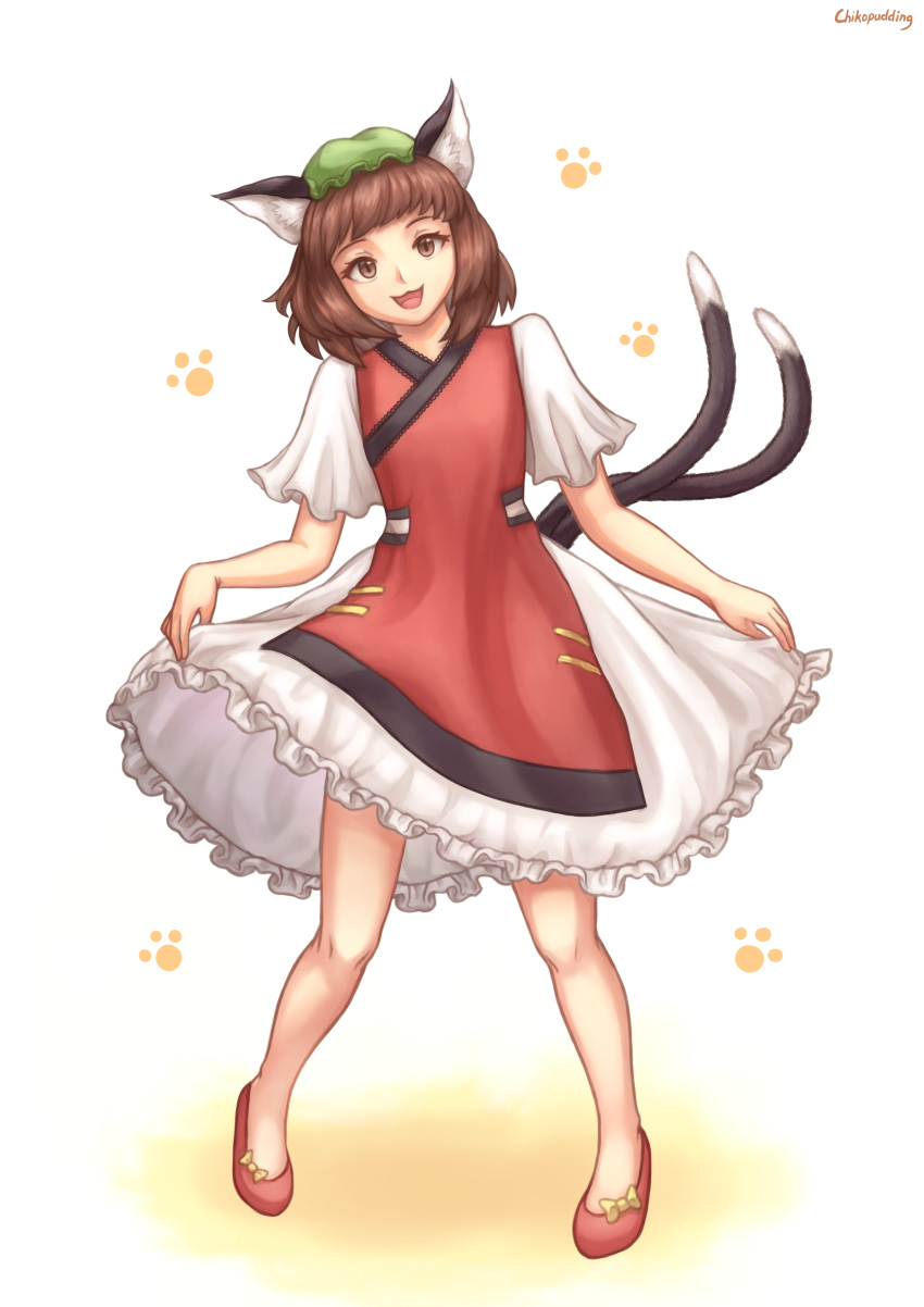 1girl, :3, absurdres, animal_ear_fluff, animal_ears, artist_name, bangs, brown_eyes, brown_hair, cat_ears, cat_tail, chen, chikopudding, colored_shadow, commentary_request, dress, frilled_skirt, frills, full_body, green_headwear, hansoku_tantei_satori, hat, highres, leaning_to_the_side, lifted_by_self, mob_cap, multiple_tails, open_mouth, paw_background, red_footwear, shadow, short_hair, short_sleeves, simple_background, skirt, skirt_lift, slit_pupils, solo, standing, tabard, tail, touhou, white_background, white_dress
