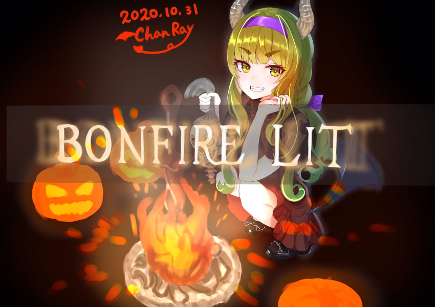1girl, black_footwear, bonfire_(dark_souls), bow, chanraykotomine, commentary_request, dark_souls, dated