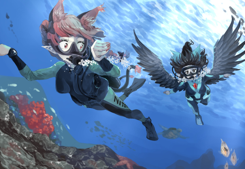 2girls, air_bubble, animal_ears, bird_wings, black_eyes, black_hair, black_wings, bow