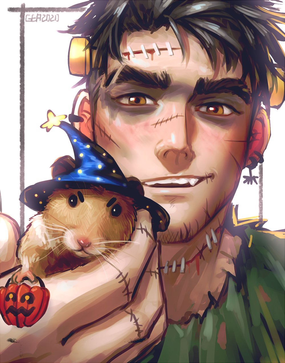 1boy, animal, animal_costume, animal_ears, bara, black_hair, brown_hair, close-up