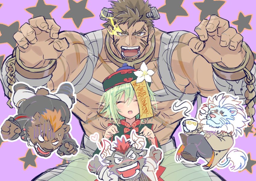 >_<, 1girl, 4boys, abs, bandages, bara, bare_chest, brown_hair, chain, character_request, chest, chibi, chibi_inset, claw_pose, closed_eyes, cosplay, cow_boy, cuffs, echo_(tokyo_houkago_summoners), facial_hair, flaming_eye, frankenstein's_monster, frankenstein's_monster_(cosplay), goatee, green_hair, halloween, halloween_costume, handcuffs, happy_halloween, hercules_(tokyo_houkago_summoners), highres, japanese_clothes, lion_boy, male_focus, multiple_boys, muscle, naked_bandage, revealing_clothes, short_hair, snow_(tokyo_houkago_summoners), stitches, stubble, tokyo_houkago_summoners, trick_or_treat, yakisoba_ohmori, yellow_eyes