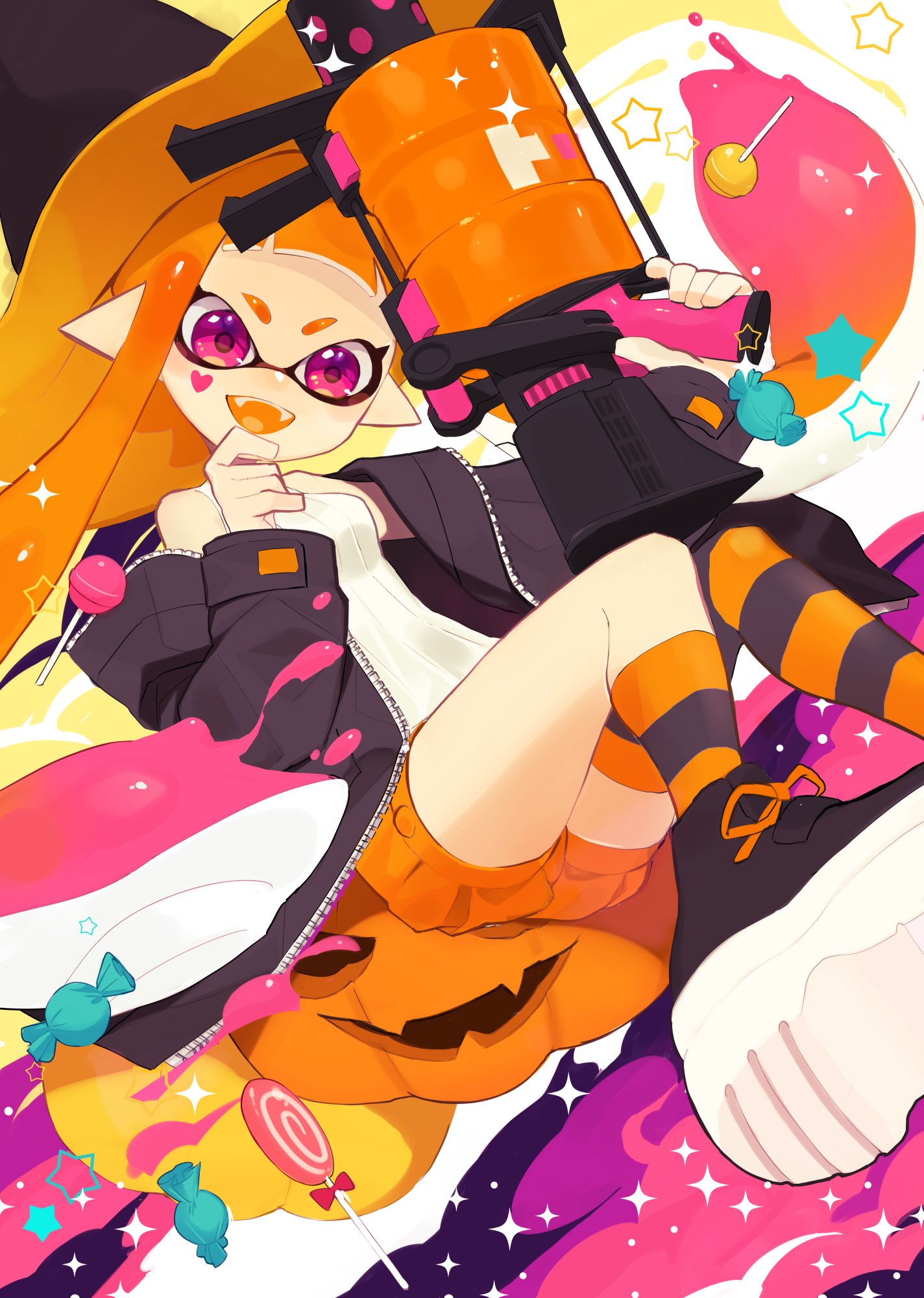 .52_gal_(splatoon), 1girl, asymmetrical_legwear, bangs, black_footwear, black_headwear, black_jacket, blunt_bangs, candy, chin_grab, commentary, domino_mask, english_commentary, facial_mark, fangs, floating, food, halloween, halloween_costume, halterneck, hat, heart, highres, holding, holding_weapon, inkling, jack-o'-lantern, jacket, lollipop, long_hair, looking_at_viewer, mask, nomu, off_shoulder, open_clothes, open_jacket, open_mouth, orange_hair, orange_headwear, orange_legwear, orange_shorts, orange_tongue, paint_splatter, pink_eyes, pointy_ears, pumpkin_pants, ribbed_shirt, shirt, shoes, short_shorts, shorts, sleeveless, sleeveless_shirt, smile, socks, solo, sparkle, splatoon_(series), star_(symbol), striped, striped_legwear, tentacle_hair, thigh-highs, two-sided_fabric, two-sided_headwear, v-shaped_eyebrows, weapon, white_shirt, witch_hat, zipper