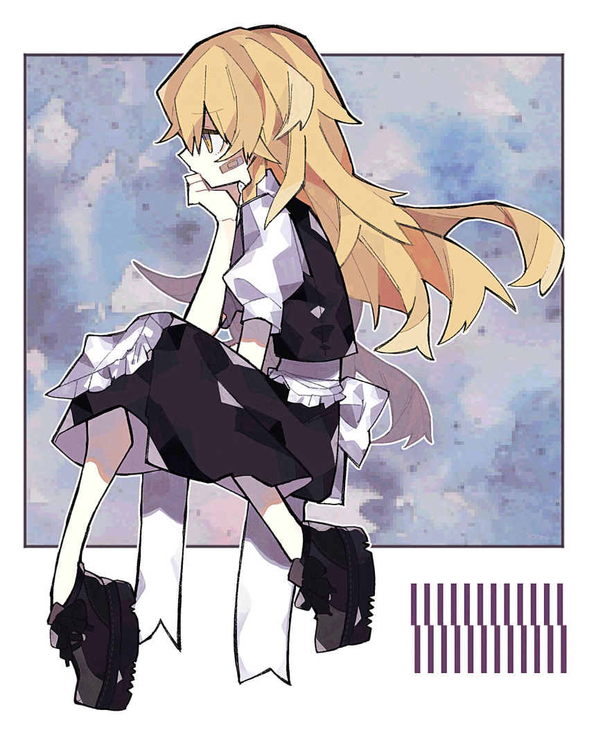 1girl, apron, bandaid, bandaid_on_face, black_footwear, black_skirt, black_vest, blonde_hair, commentary_request, from_side, full_body, hand_up, highres, invisible_chair, kirisame_marisa, long_hair, mamimu_(ko_cha_22), no_hat, no_headwear, platform_footwear, shirt, short_sleeves, sitting, skirt, solo, touhou, vest, waist_apron, white_shirt, yellow_eyes