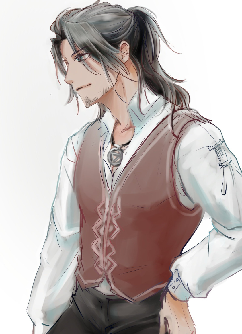 1boy, beard, black_hair, black_pants, cowboy_shot, dunban, facial_hair, hand_on_hip, highres, jewelry, long_hair, long_sleeves, male_focus, pants, pendant, red_vest, shirt, simple_background, solo, umeumeboshino, vest, white_background, white_shirt, xenoblade_chronicles, xenoblade_chronicles_(series)