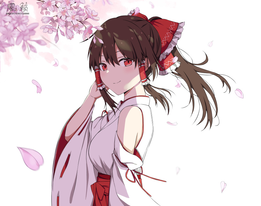 1girl, absurdres, bangs, bow, brown_eyes, brown_hair, cherry_blossoms, closed_mouth, detached_sleeves, from_side, furai_art, hair_bow, hair_tubes, hakama, hakurei_reimu, half_updo, highres, holding, holding_hair, japanese_clothes, light_blush, long_hair, miko, petals, ponytail, red_eyes, red_hakama, sidelocks, smile, solo, touhou, upper_body, white_sleeves, wind