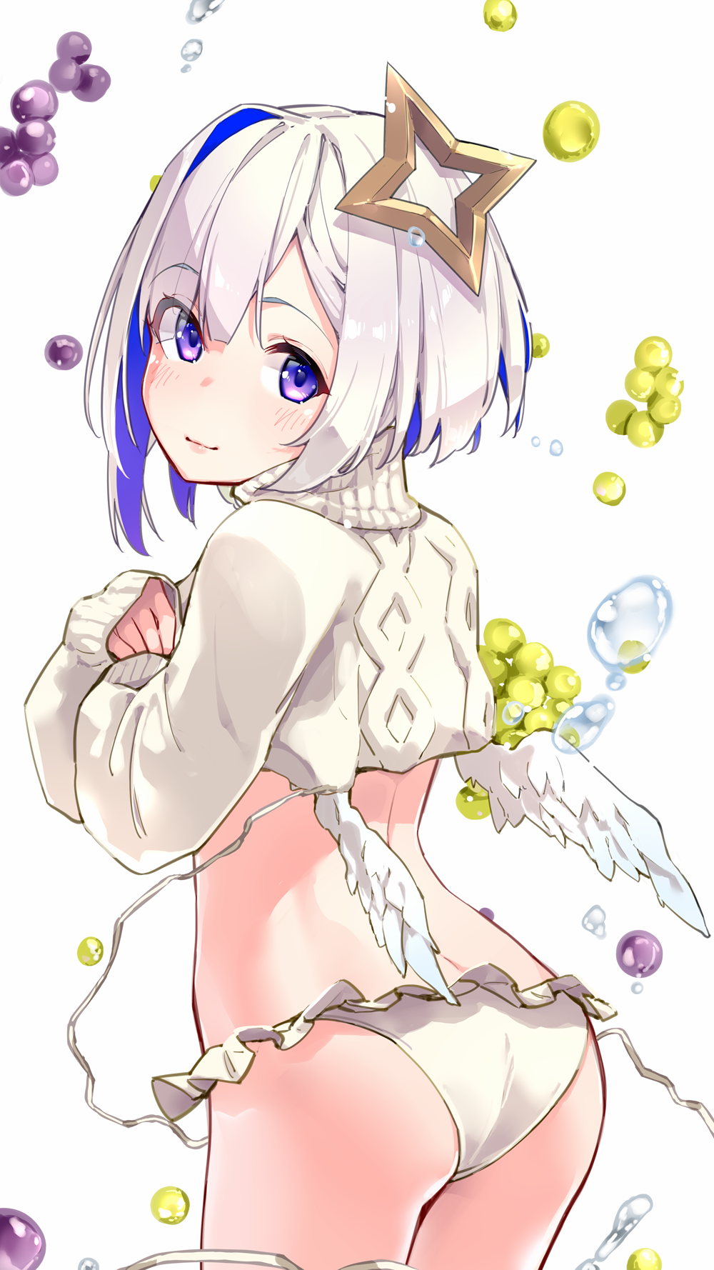 1girl, amane_kanata, angel, angel_wings, aran_sweater, ass, back, bangs, bare_back, bikini, bikini_bottom, blue_hair, bob_cut, bubble, cable_knit, closed_mouth, colored_inner_hair, commentary, commentary_request, cowboy_shot, eyebrows_visible_through_hair, food, frilled_bikini, frills, from_behind, fruit, grapes, hair_between_eyes, halo, hands_on_own_chest, highres, hololive, light_blush, light_smile, long_sleeves, looking_at_viewer, looking_back, multicolored_hair, short_hair, shuriken, sleeves_past_wrists, solo, streaked_hair, sweat, sweater, swimsuit, turtleneck, two-tone_hair, unraveling, violet_eyes, virtual_youtuber, white_background, white_hair, wings, yarn, yuyaiyaui