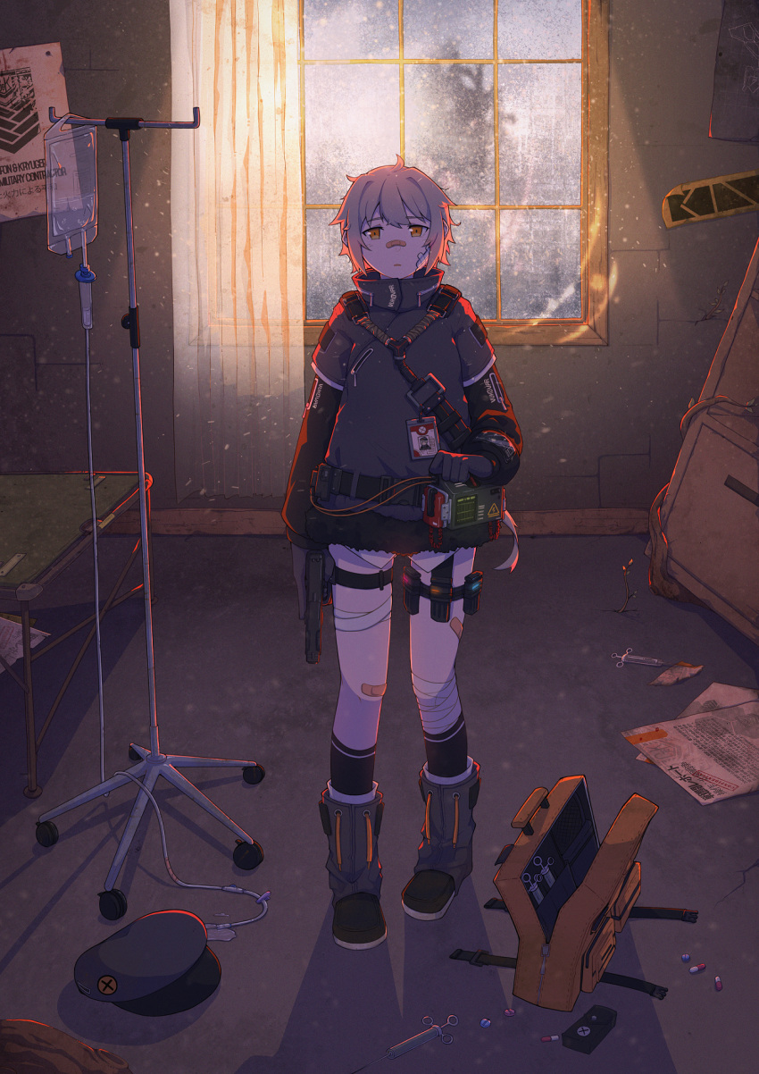 1girl, bandaged_leg, bandages, bandaid, bandaid_on_face, bandaid_on_leg, emblem, first_aid_kit