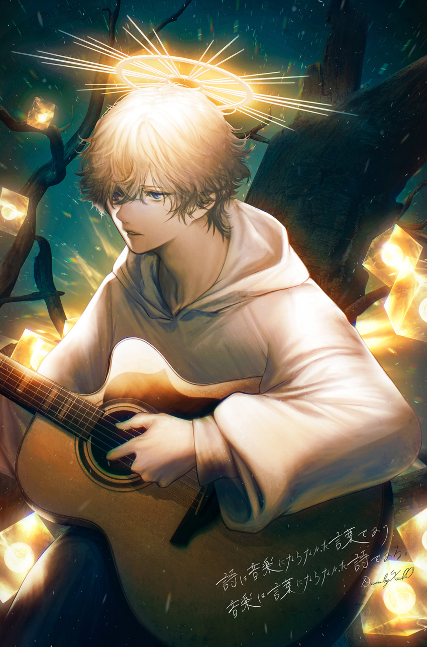 1boy, blonde_hair, blue_eyes, guitar, halo, highres, holding, holding_instrument