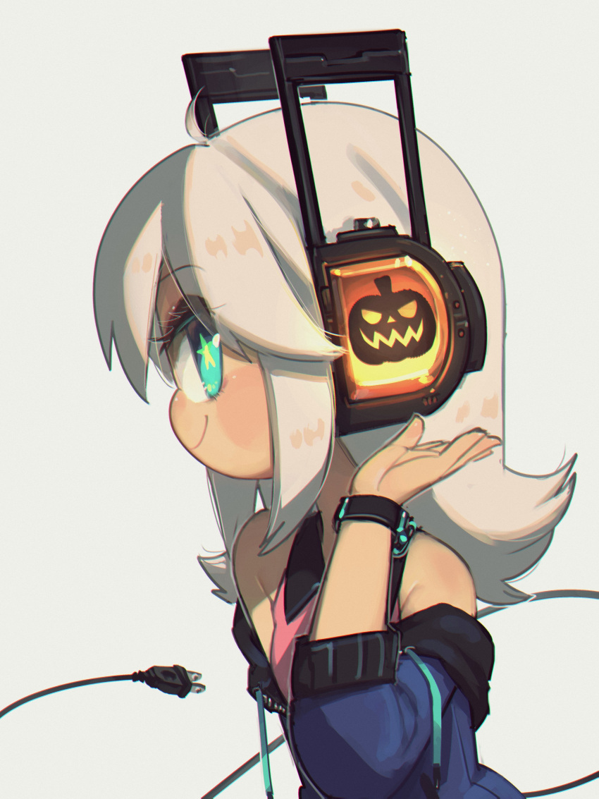 1girl, absurdres, aqua_eyes, bare_shoulders, blue_jacket, commentary, digitan_(porforever), drawstring