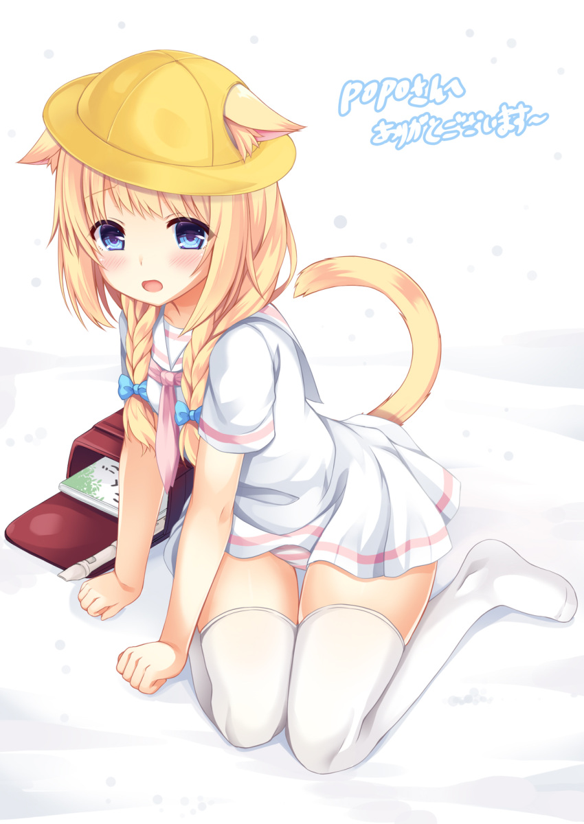 1girl, animal_ears, arm_support, backpack, bag, bangs, blonde_hair, blue_eyes