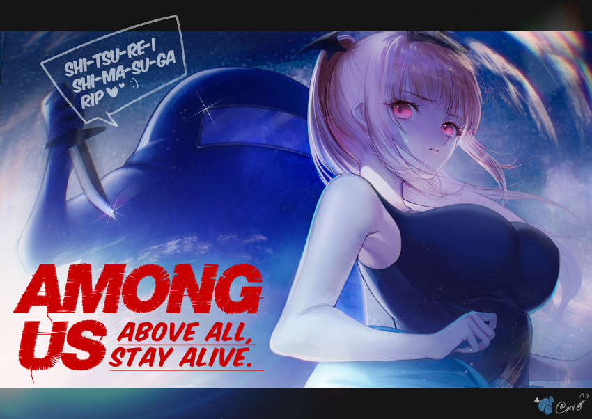 1girl, among_us, bangs, copyright_name, crossover, highres, holding, holding_knife