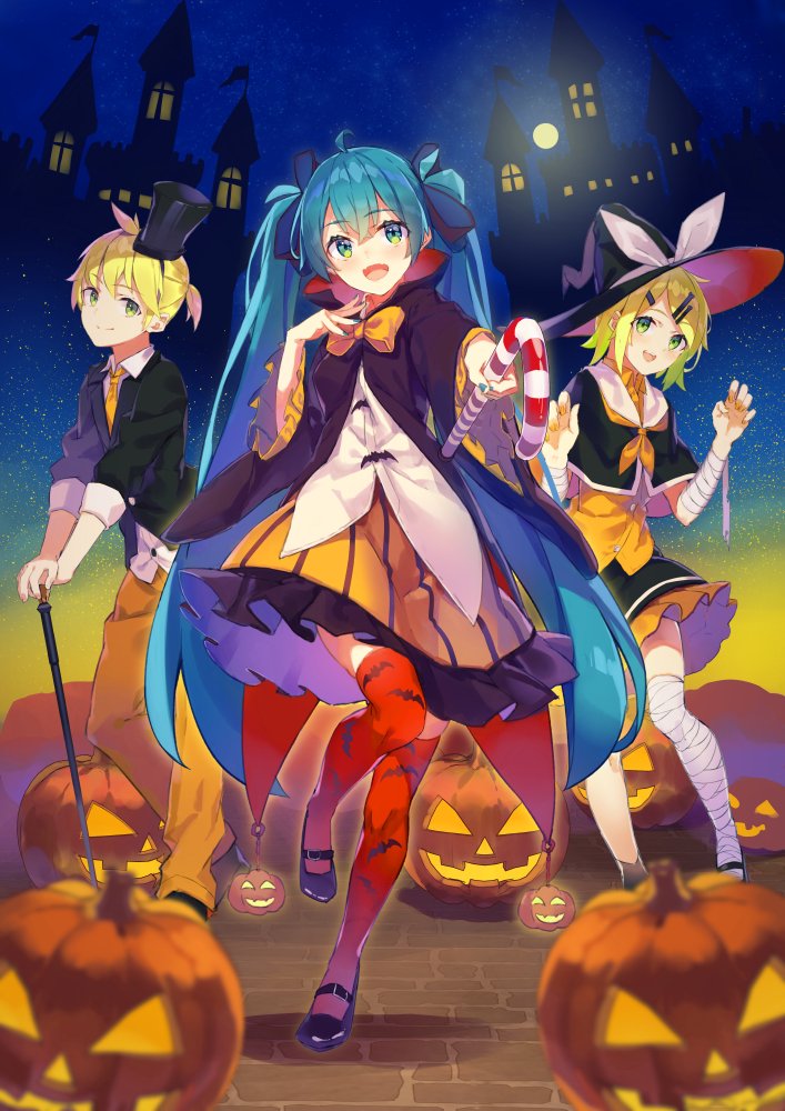 1boy, 2girls, animal_print, aqua_hair, bandaged_arm, bandaged_leg, bandages, bangs