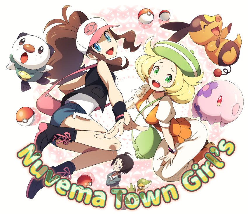 1boy, 2girls, absurdres, ahoge, baseball_cap, bianca_(pokemon), black_footwear, black_hair