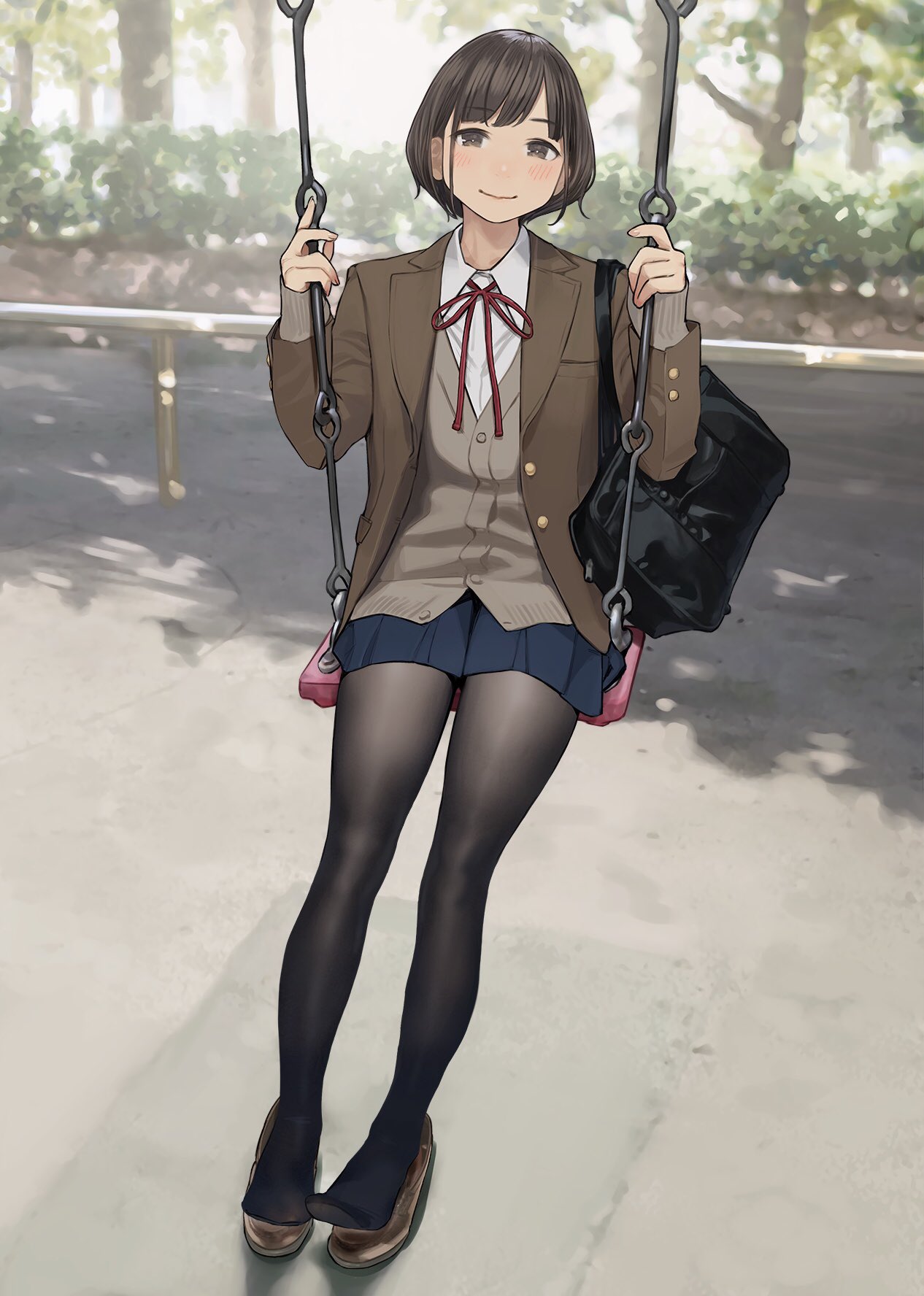1girl, bag, black_legwear, blazer, blue_skirt, blush, brown_eyes, brown_footwear, brown_hair, commentary_request, eyebrows_visible_through_hair, fingernails, highres, jacket, looking_at_viewer, original, pantyhose, pleated_skirt, school_bag, shirt, shoes, sitting, skirt, smile, solo, swing, tights_day, white_shirt, yomu_(sgt_epper)