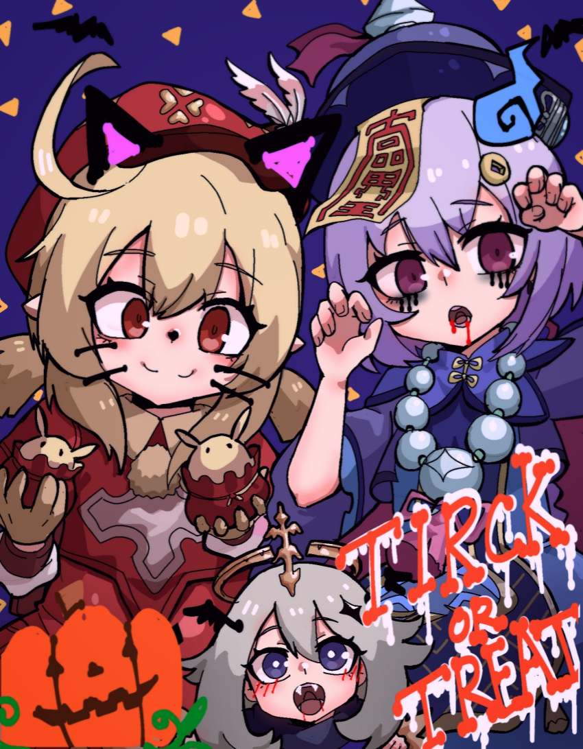 3girls, :3, ahoge, bangs, blood, blood_from_mouth, blue_eyes, fang