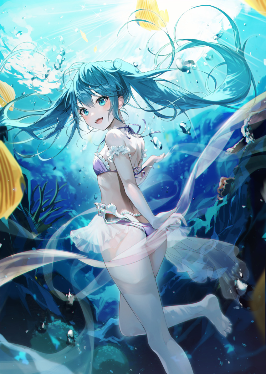 1girl, air_bubble, alpha_(ypalpha79), aqua_eyes, aqua_hair, bikini, bikini_skirt, bubble