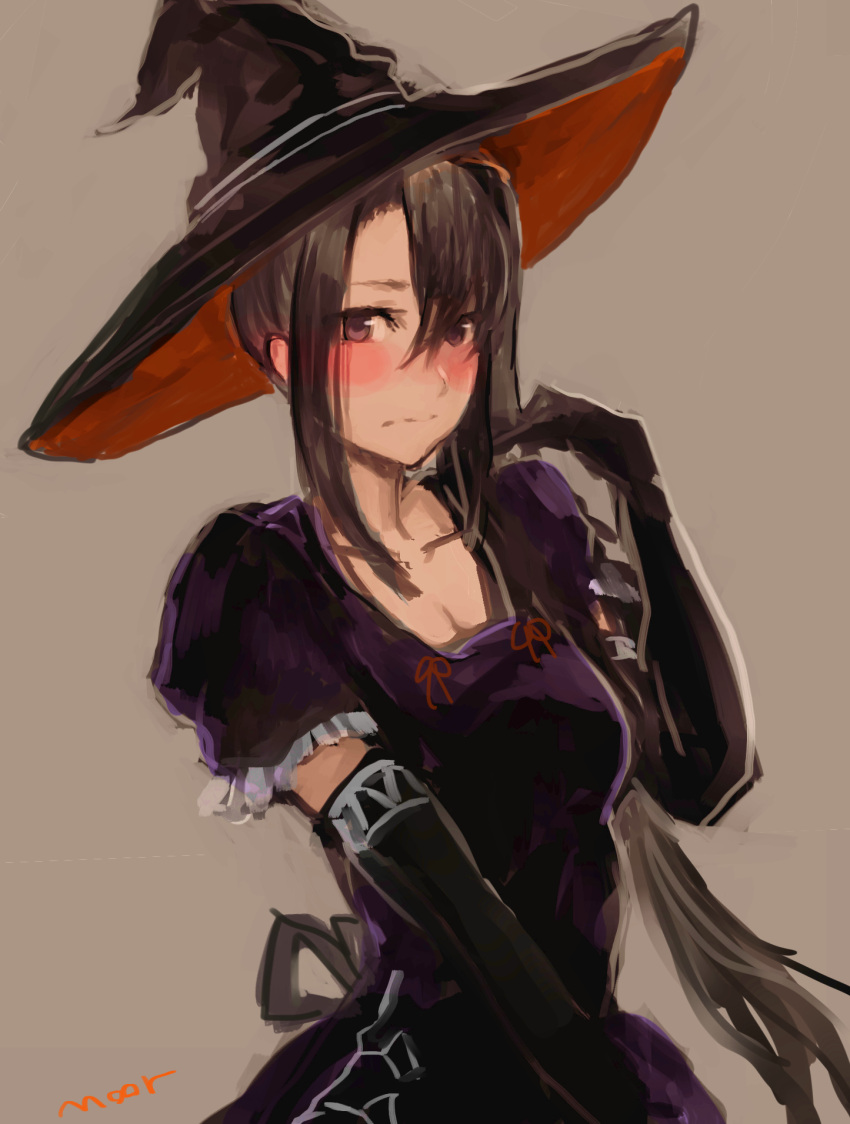 1girl, bangs, black_eyes, black_gloves, black_hair, black_headwear, blush, breasts