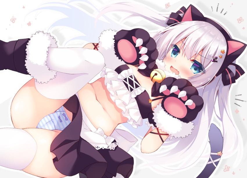 1girl, anchor_hair_ornament, animal_ears, apron, azur_lane, bangs, bell, black_skirt, blue_eyes, blush, breasts, cat_ears, cat_tail, commentary_request, crop_top, detached_sleeves, drop_shadow, dutch_angle, eyebrows_visible_through_hair, fake_animal_ears, fang, frills, gloves, hair_between_eyes, hair_ornament, hairband, hammann_(azur_lane), hammann_(hammanyan_pawnch!)_(azur_lane), jingle_bell, long_hair, looking_at_viewer, midriff, navel, notice_lines, official_alternate_costume, open_mouth, outline, panties, pantyshot, paw_gloves, paws, purinko, ribbon, shoes, sidelocks, skin_fang, skindentation, skirt, solo, striped, striped_panties, tail, thigh-highs, two_side_up, underwear, very_long_hair, waist_apron, white_hair, white_legwear, wrist_ribbon, zettai_ryouiki