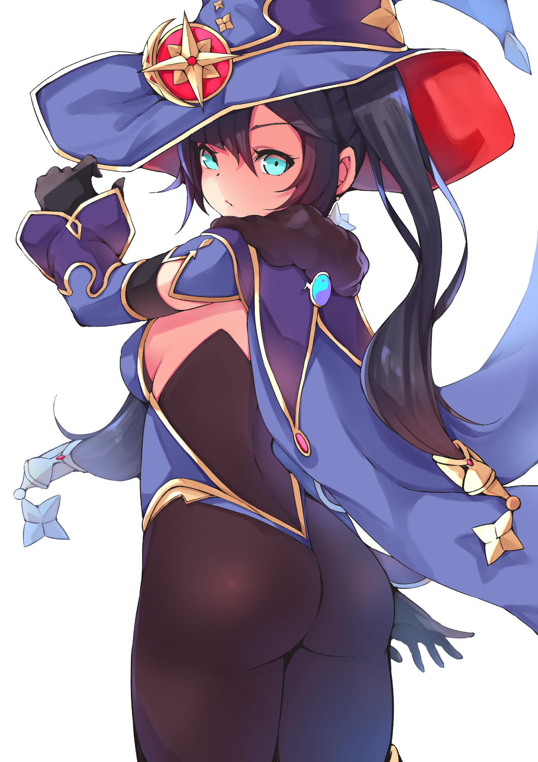 1girl, ass, back, bangs, bare_shoulders, black_hair, black_legwear, blue_eyes