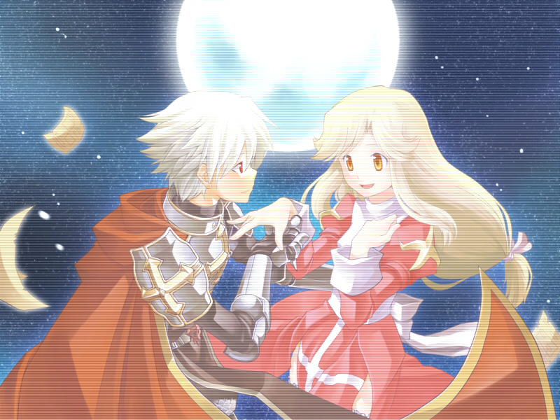 1boy, 1girl, arm_around_waist, armor, bangs, belt, black_gloves, blonde_hair