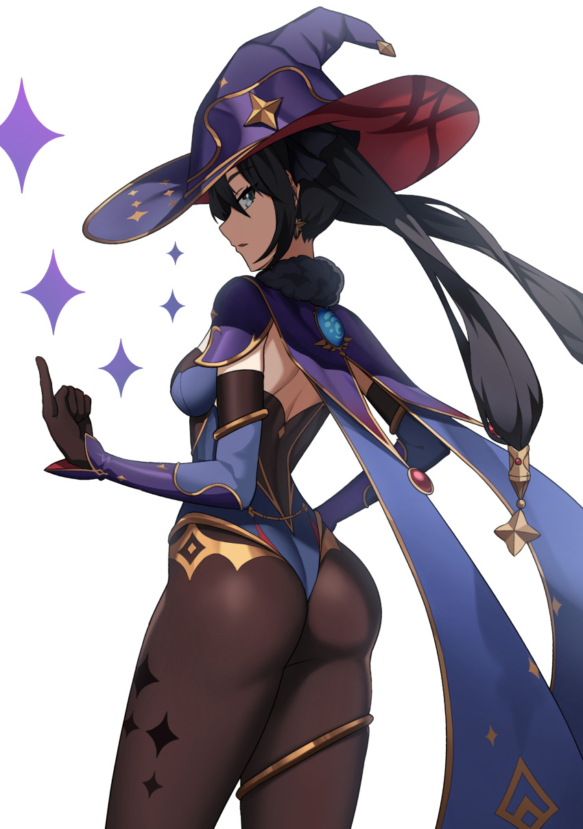 1girl, absurdres, ass, bangs, black_hair, black_legwear, blue_eyes, breasts