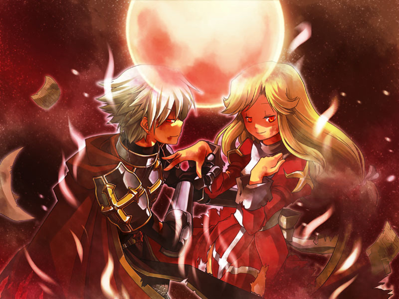 1boy, 1girl, arm_around_waist, armor, bad_id, bad_pixiv_id, bangs, belt