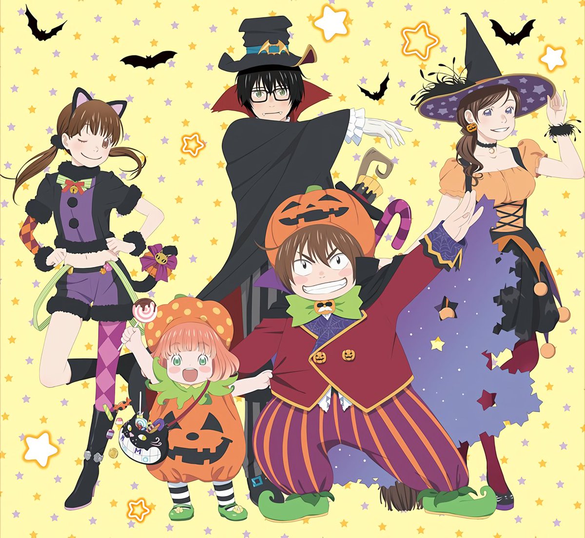 2boys, 3girls, :d, ;), animal_ears, animal_print, argyle, argyle_legwear