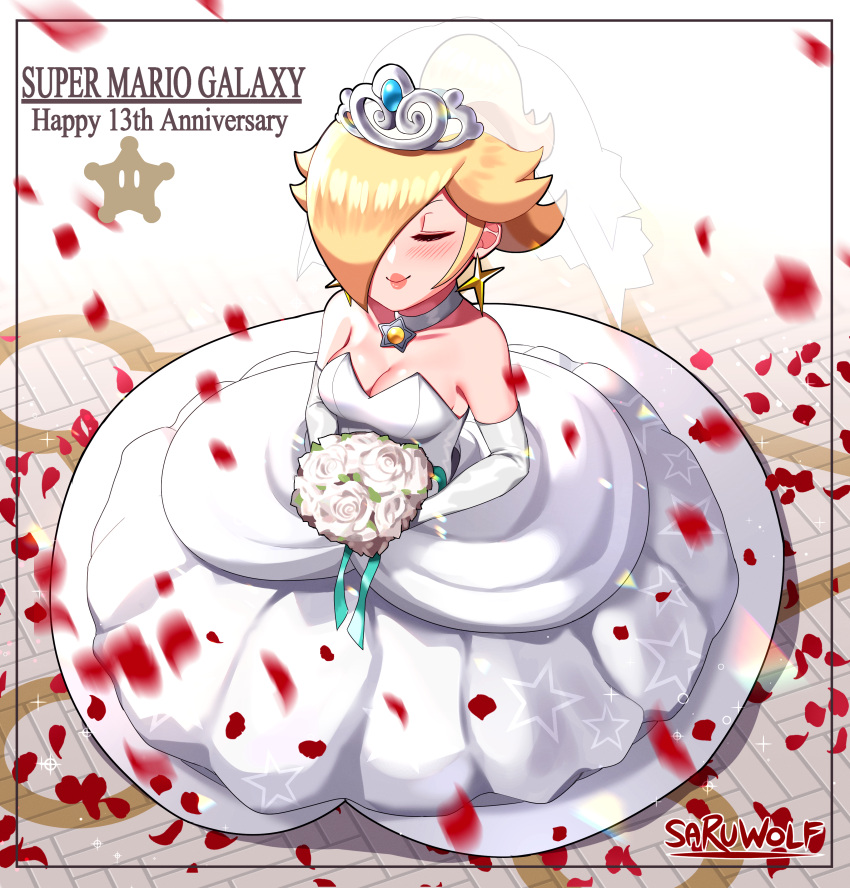 1girl, absurdres, blonde_hair, bouquet, breasts, bridal_veil, bride, closed_eyes