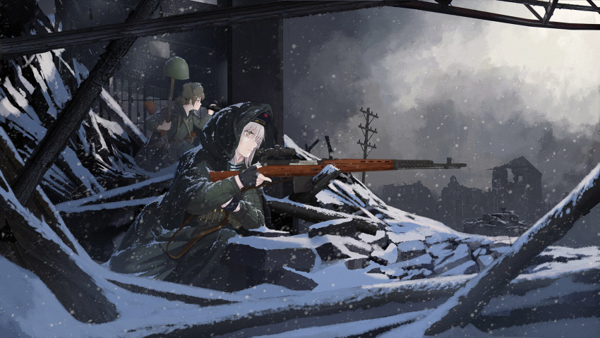 2girls, battle_rifle, binoculars, black_gloves, brown_hair, building, cityscape, cloak