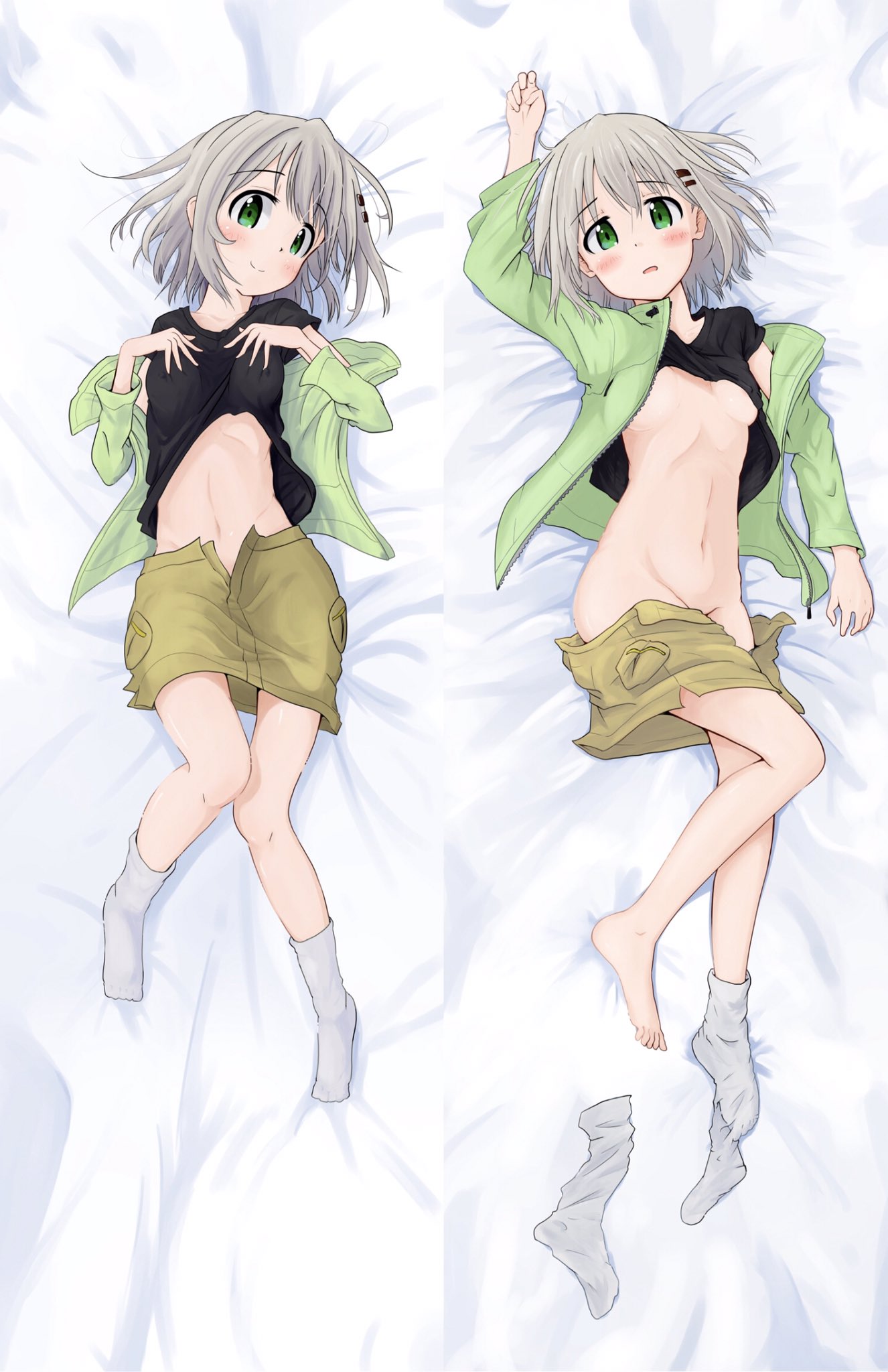 1girl, bed_sheet, black_shirt, breasts, brown_skirt, commentary_request, dakimakura, full_body