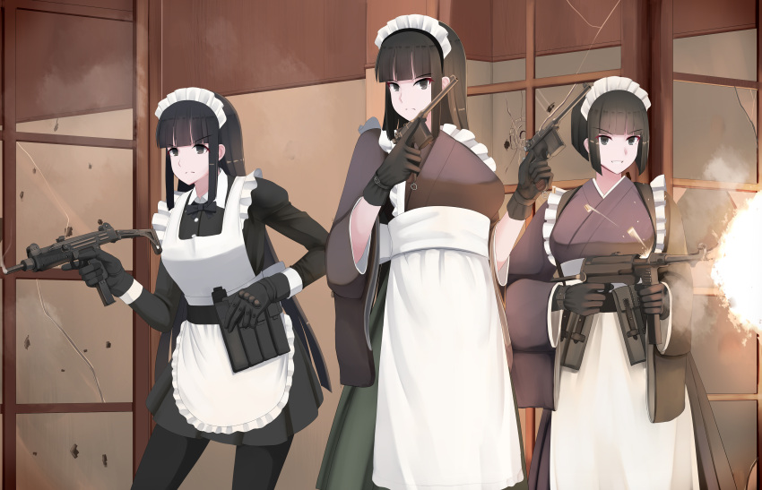 3girls, absurdres, apron, black_hair, black_legwear, bob_cut, bullet_hole, commentary