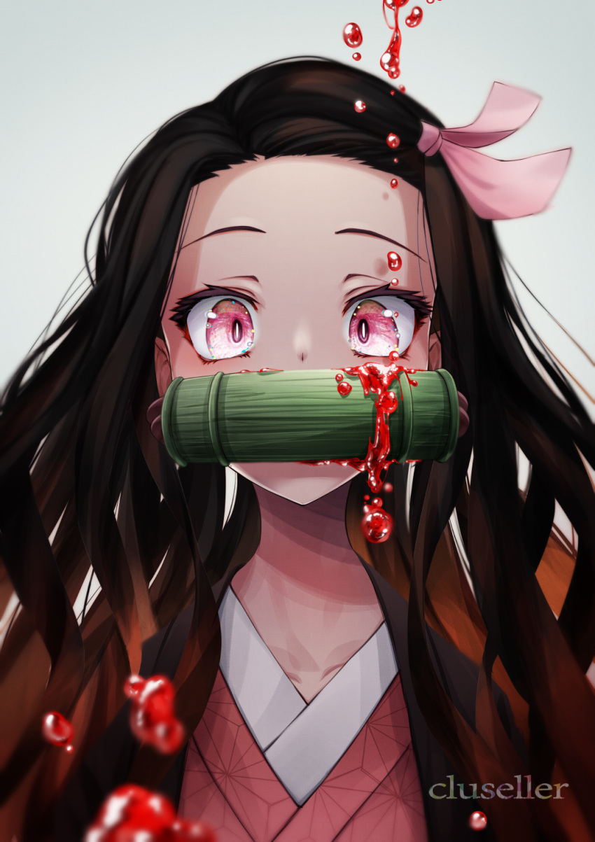 1girl, artist_name, bamboo, bit_gag, blood, blood_drip, blurry_foreground, brown_hair