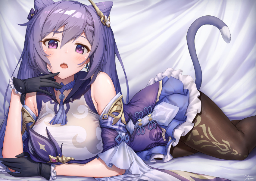 1girl, bangs, bare_shoulders, black_legwear, blush, breasts, cat_tail, detached_sleeves