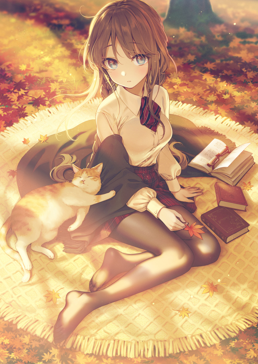 1girl, bangs, blue_eyes, blush, boots, braid, breasts, brown_hair