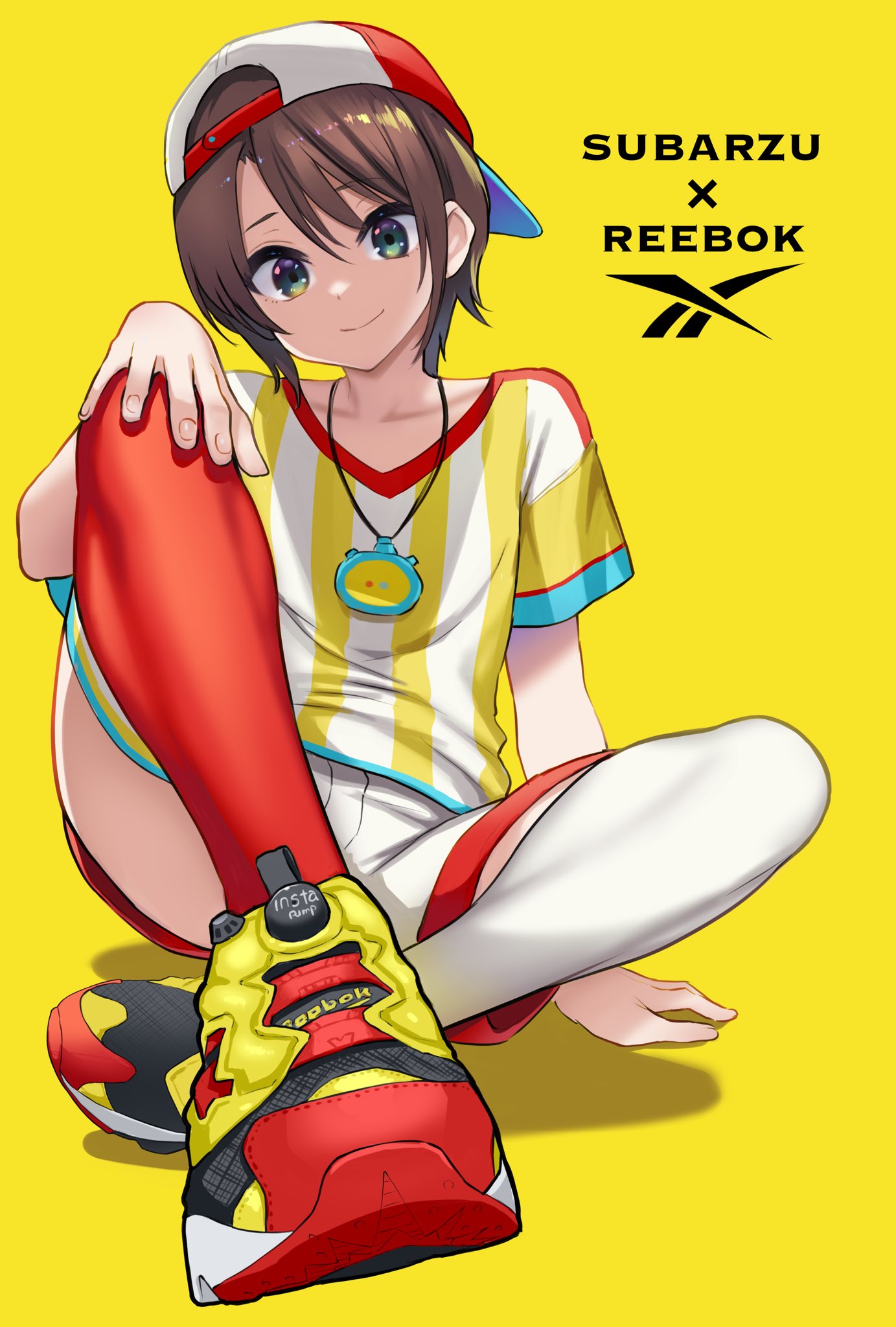 1girl, ad, alternate_footwear, backwards_hat, baseball_cap, brown_hair, english_text, hair_between_eyes